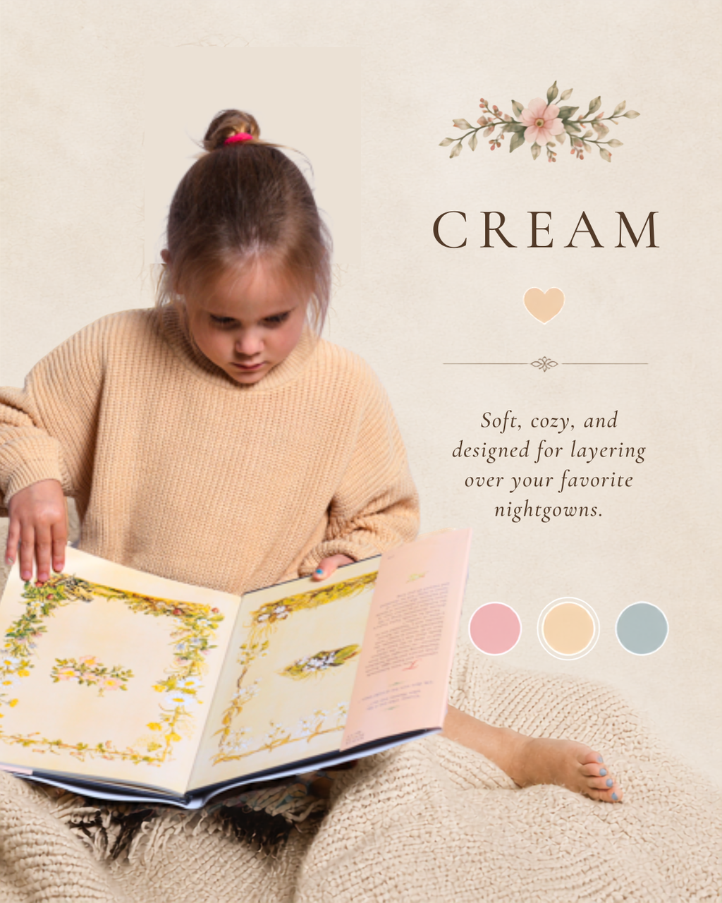A child sitting on a blanket and reading a book, wearing a cream-colored knit sweater. The image includes text that reads 'CREAM' and 'Soft, cozy, and designed for layering over your favorite nightgowns,' along with three color swatches on a warm cream background.
