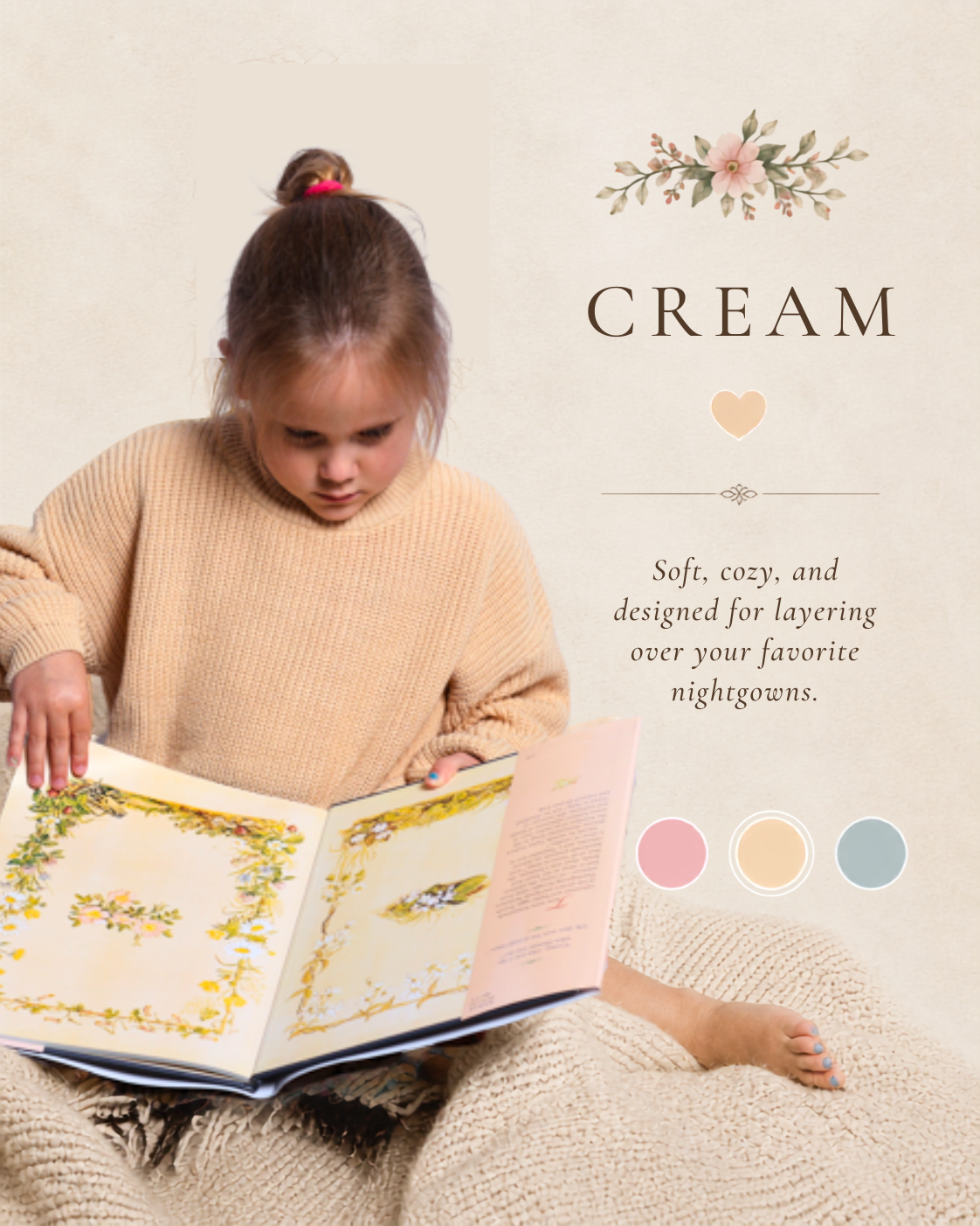 A child sitting on a blanket and reading a book, wearing a cream-colored knit sweater. The image includes text that reads 'CREAM' and 'Soft, cozy, and designed for layering over your favorite nightgowns,' along with three color swatches on a warm cream background.