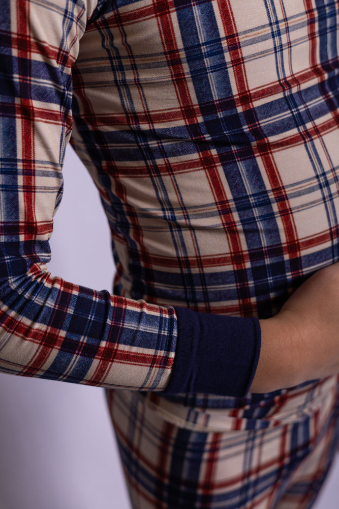 Boy wearing Evening Picnic Plaid bamboo pajamas close up