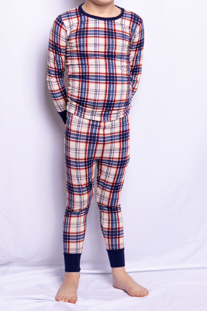 Boy wearing Evening Picnic Plaid bamboo pajamas