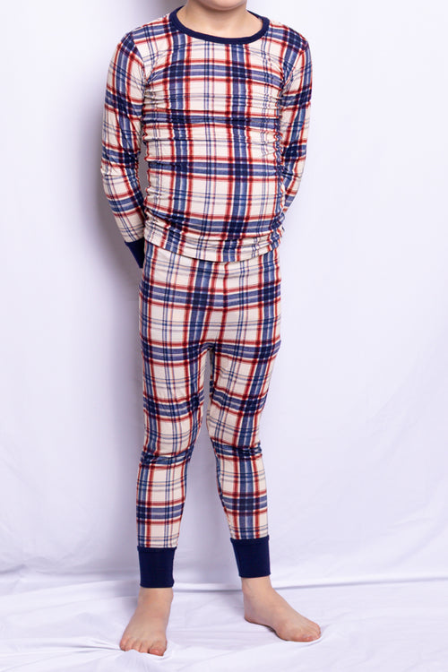 Boy wearing Evening Picnic Plaid bamboo pajamas
