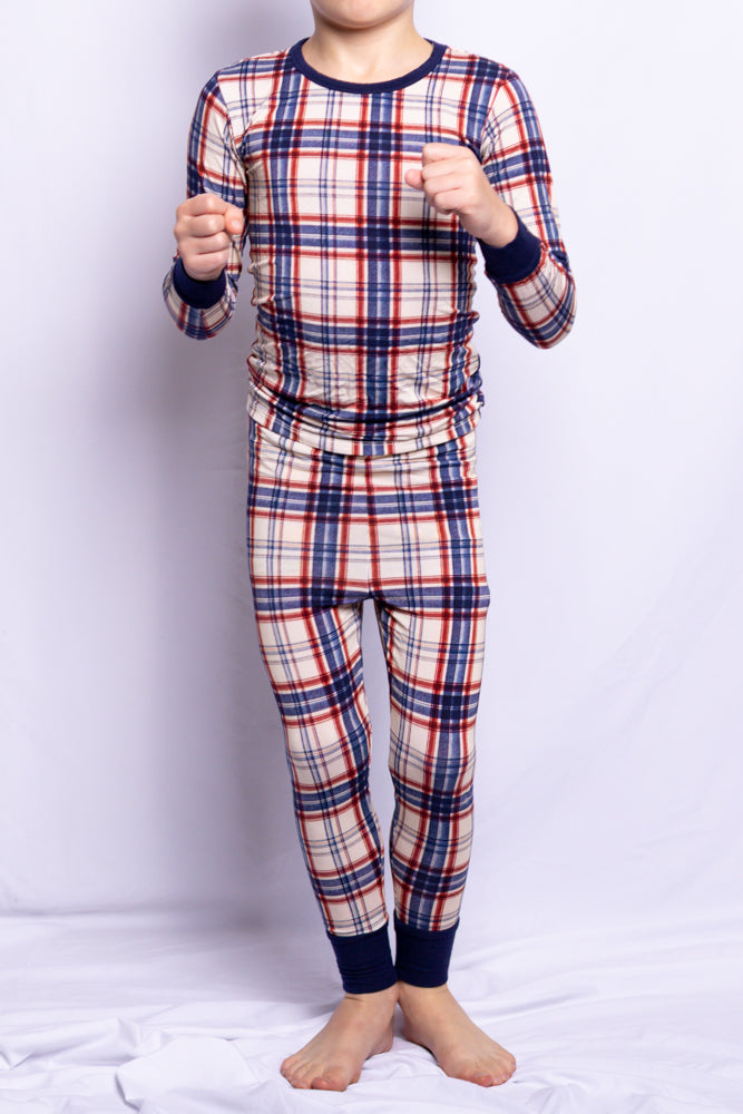 Boy wearing Evening Picnic Plaid bamboo pajamas