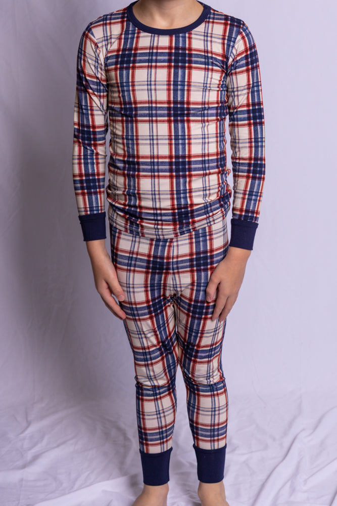 Boy wearing Evening Picnic Plaid bamboo pajamas