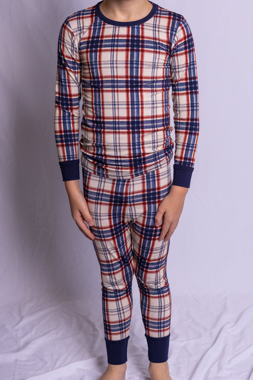 Boy wearing Evening Picnic Plaid bamboo pajamas