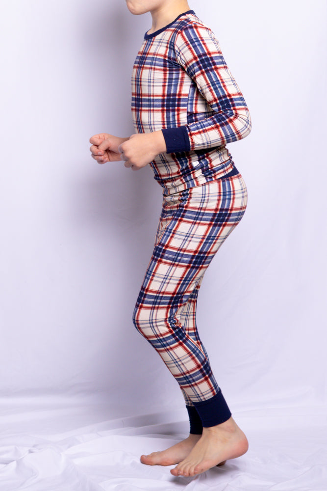 Boy wearing Evening Picnic Plaid bamboo pajamas