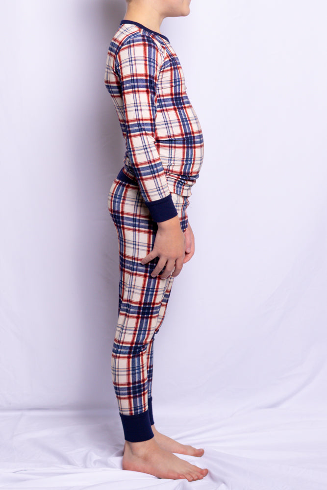 Boy wearing Evening Picnic Plaid bamboo pajamas