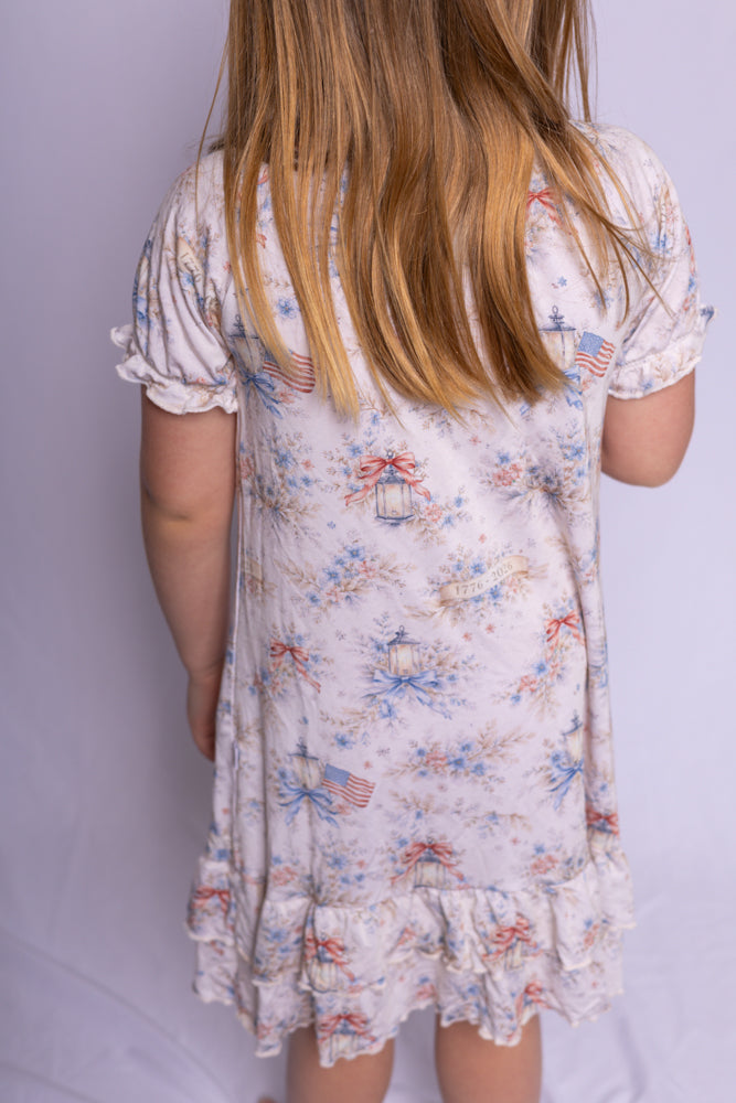 Girl wearing Lantern Glow bamboo nightgown