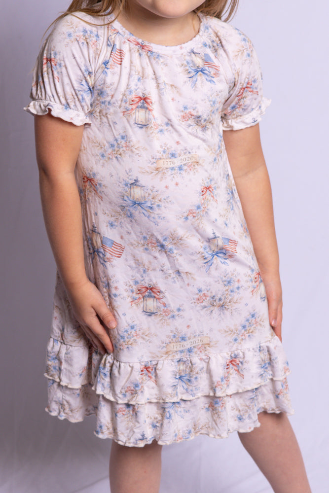 Girl wearing Lantern Glow bamboo nightgown