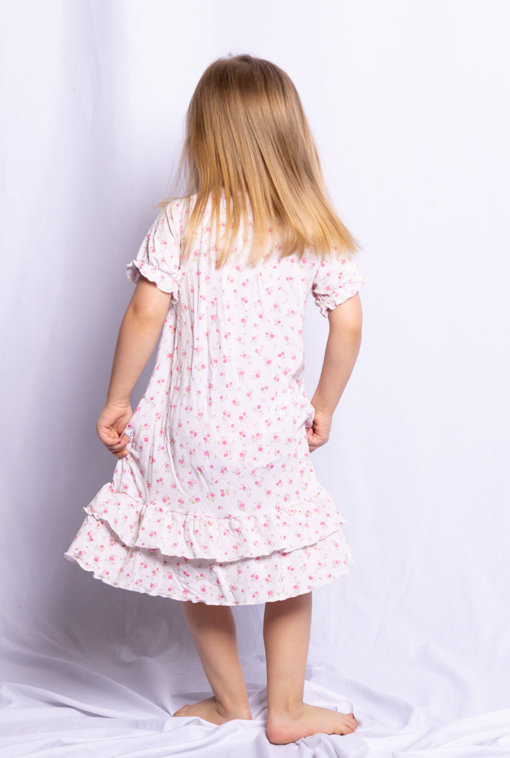 Girl wearing Little Rosebuds bamboo nightgown