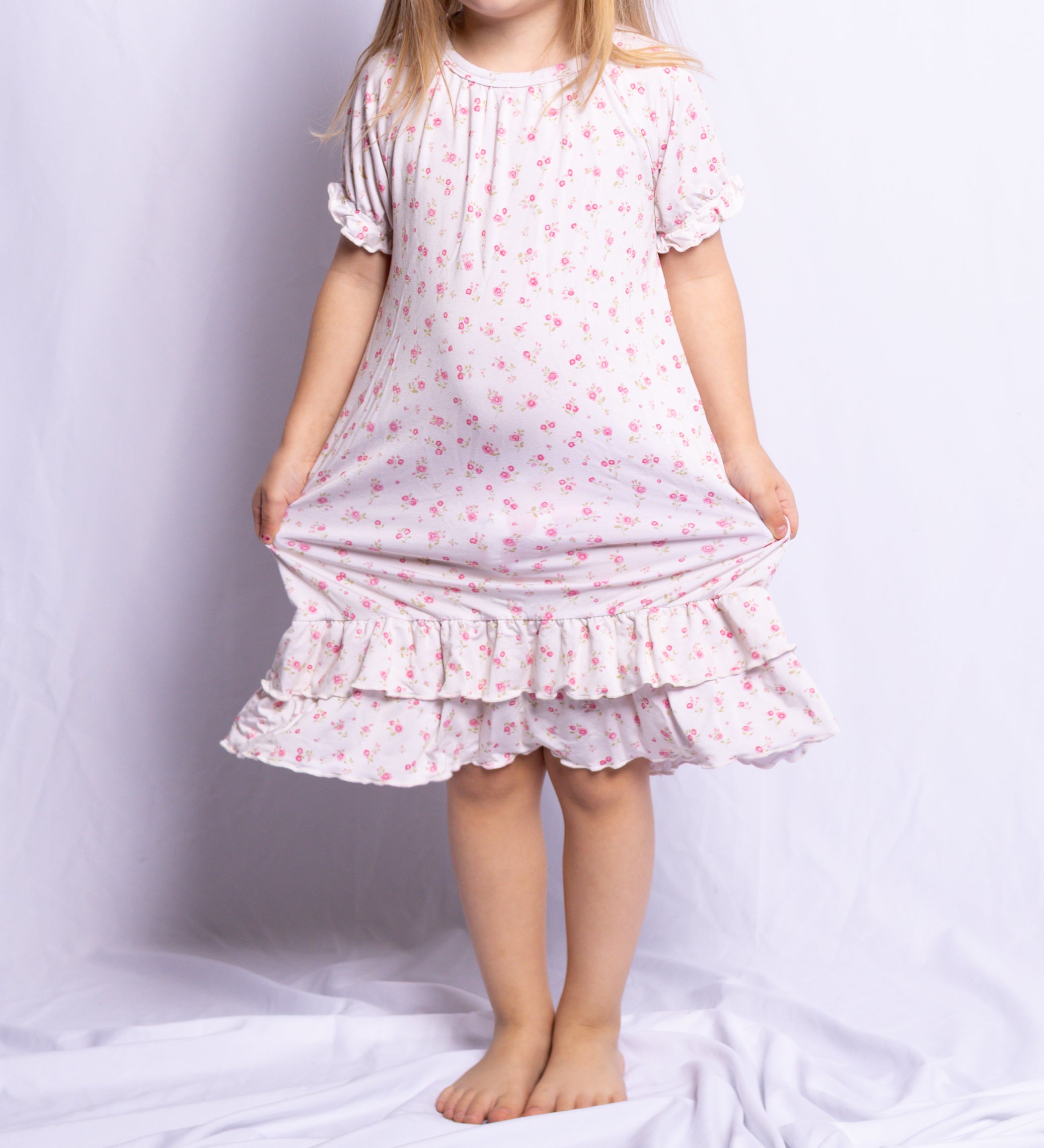 Girl wearing Little Rosebuds bamboo nightgown