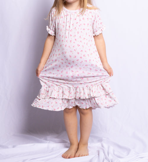 Girl wearing Little Rosebuds bamboo nightgown