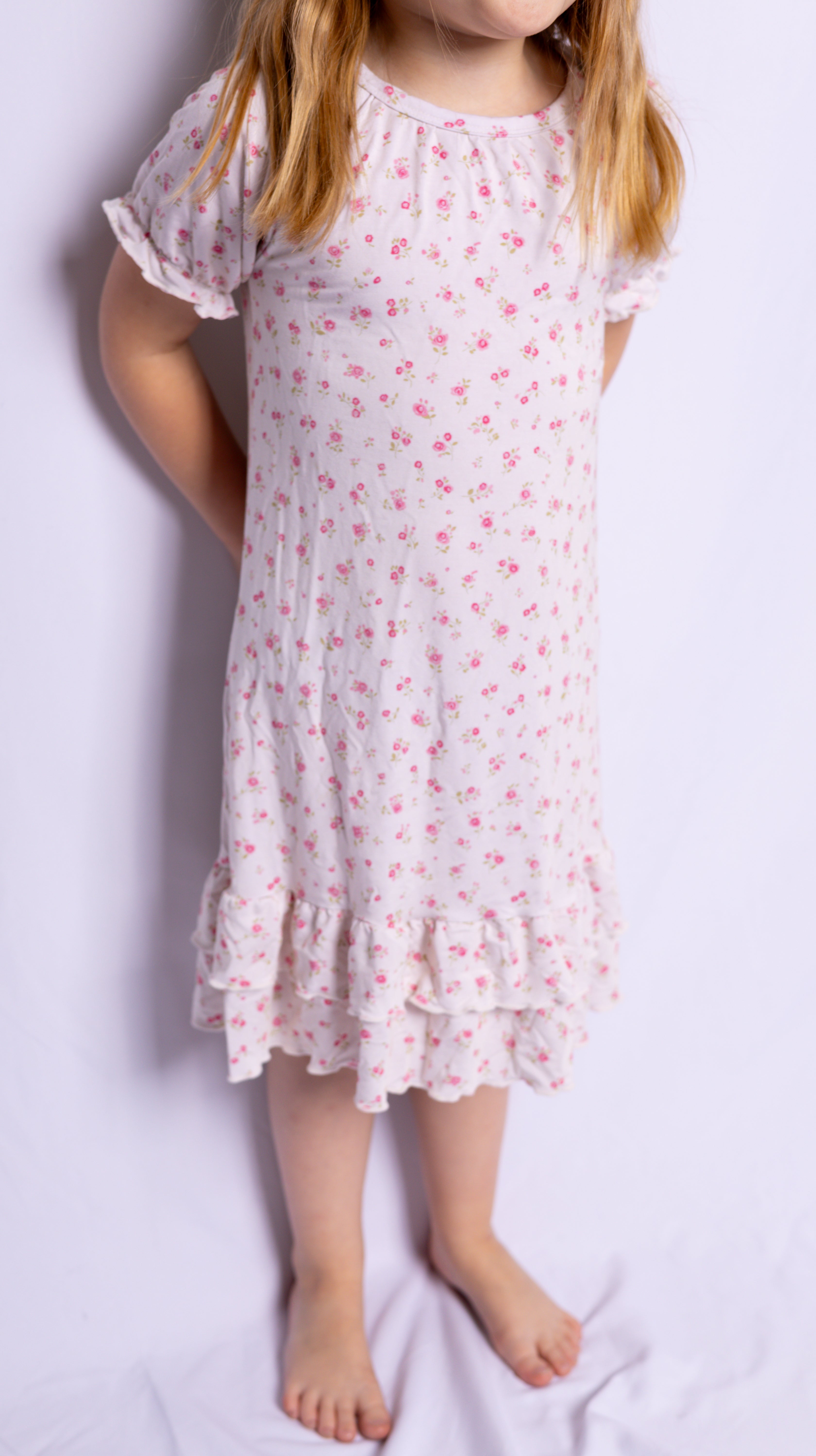 Girl wearing Little Rosebuds bamboo nightgown