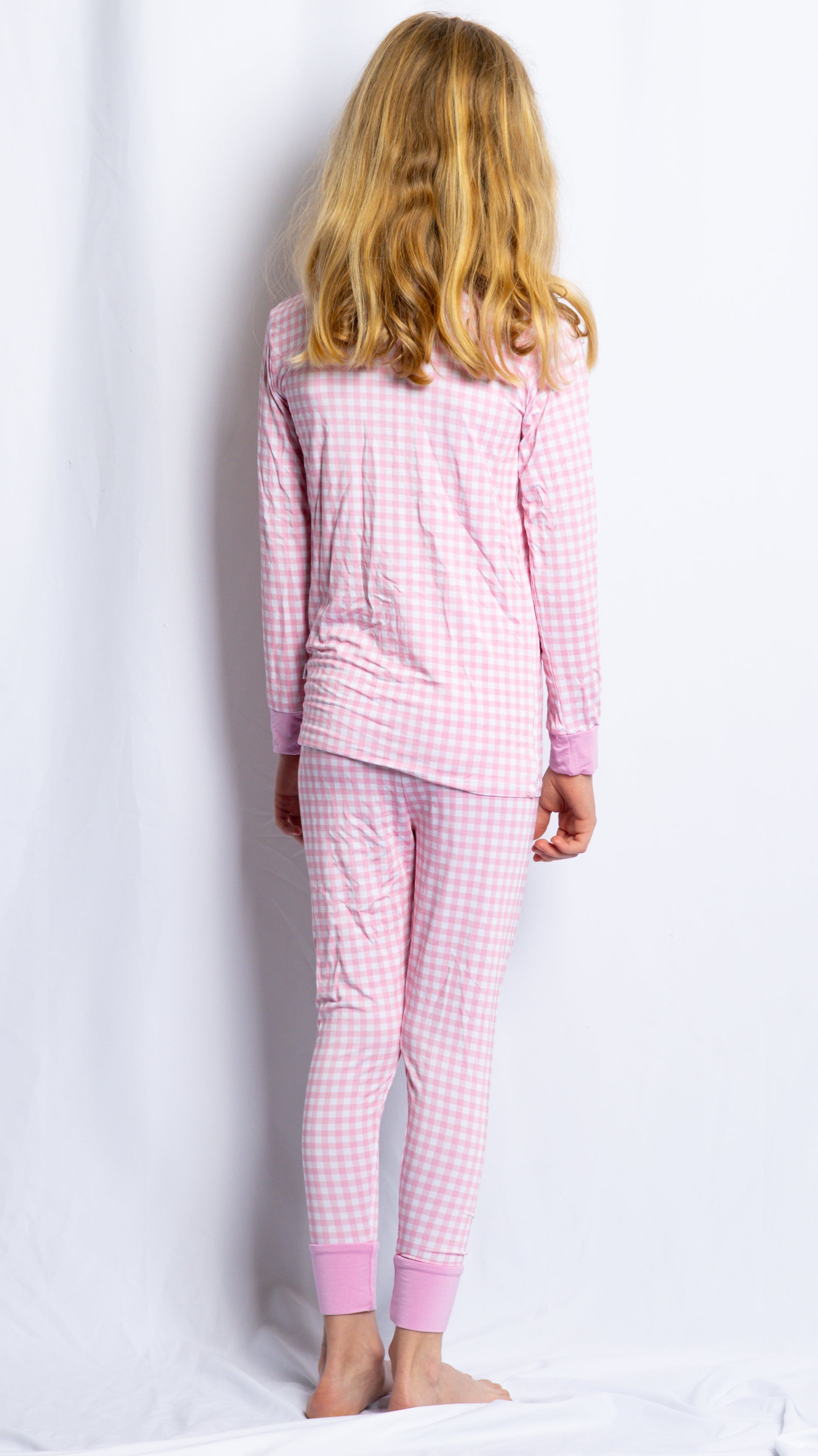 Girl wearing Petal Gingham bamboo pajamas