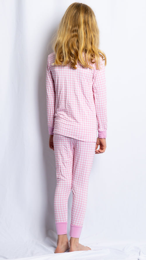 Girl wearing Petal Gingham bamboo pajamas