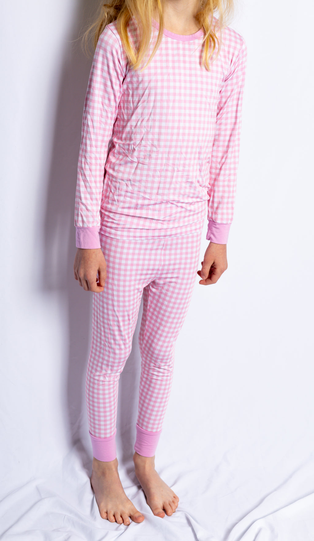Girl wearing Petal Gingham bamboo pajamas