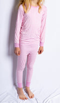 Girl wearing Petal Gingham bamboo pajamas