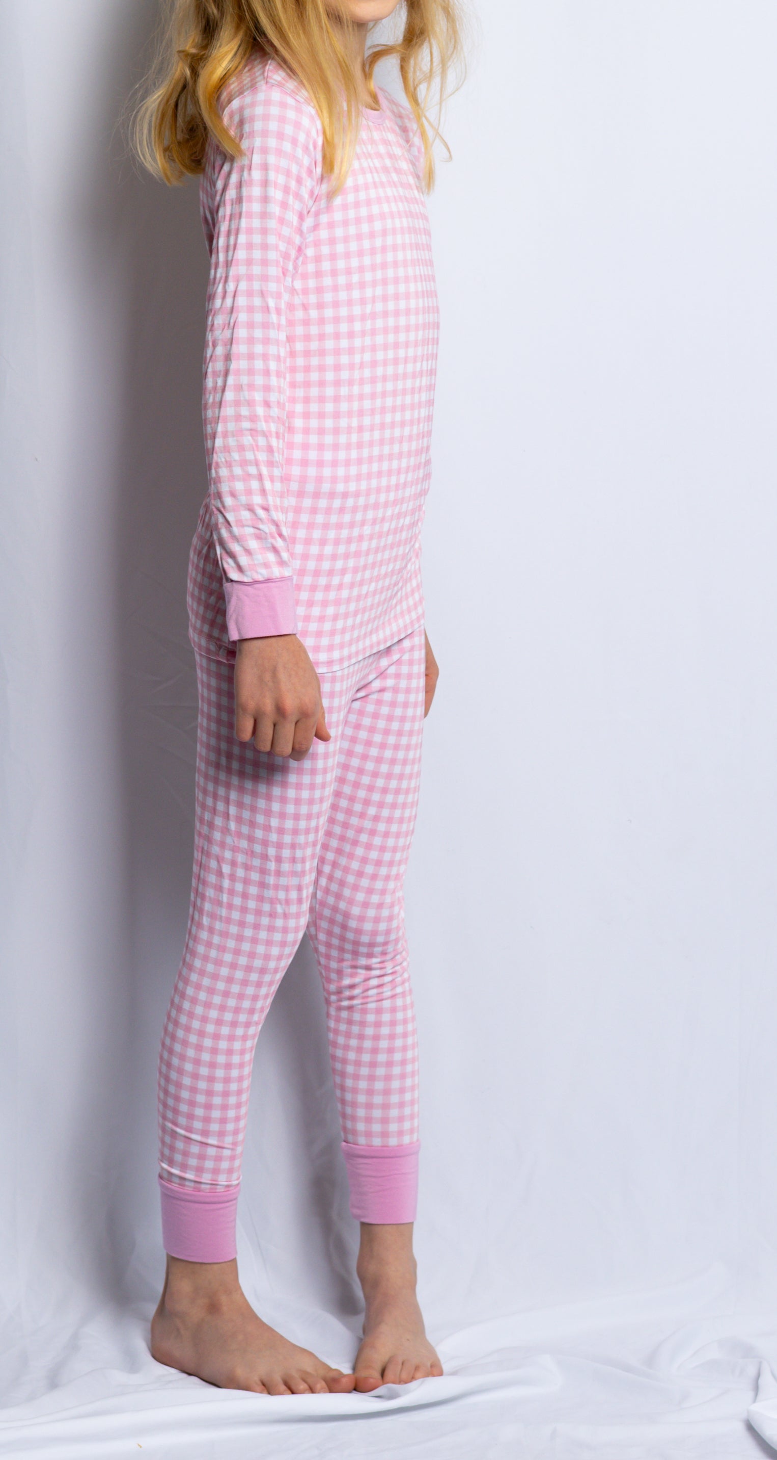 Girl wearing Petal Gingham bamboo pajamas