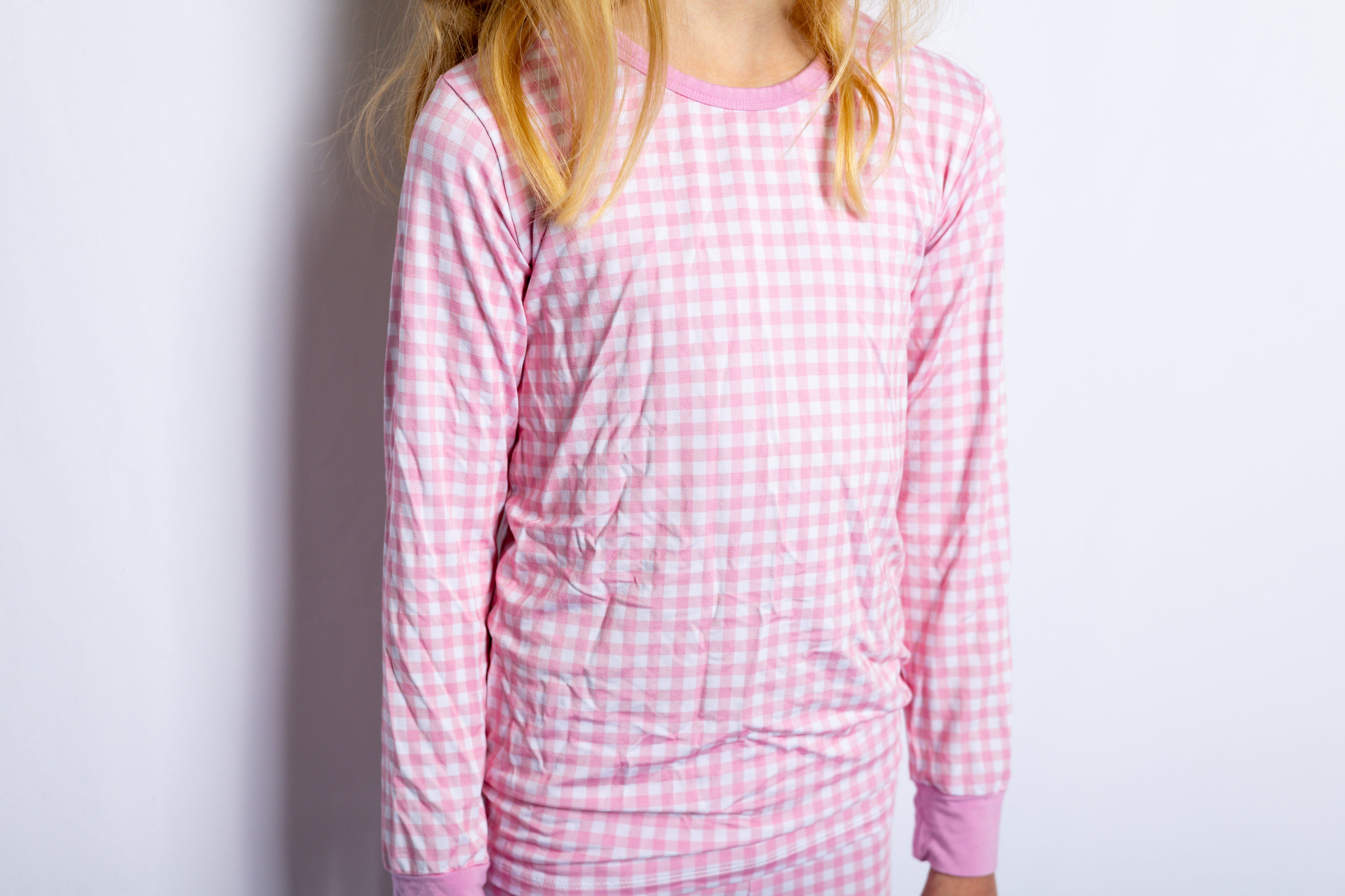 Girl wearing Petal Gingham bamboo pajama top