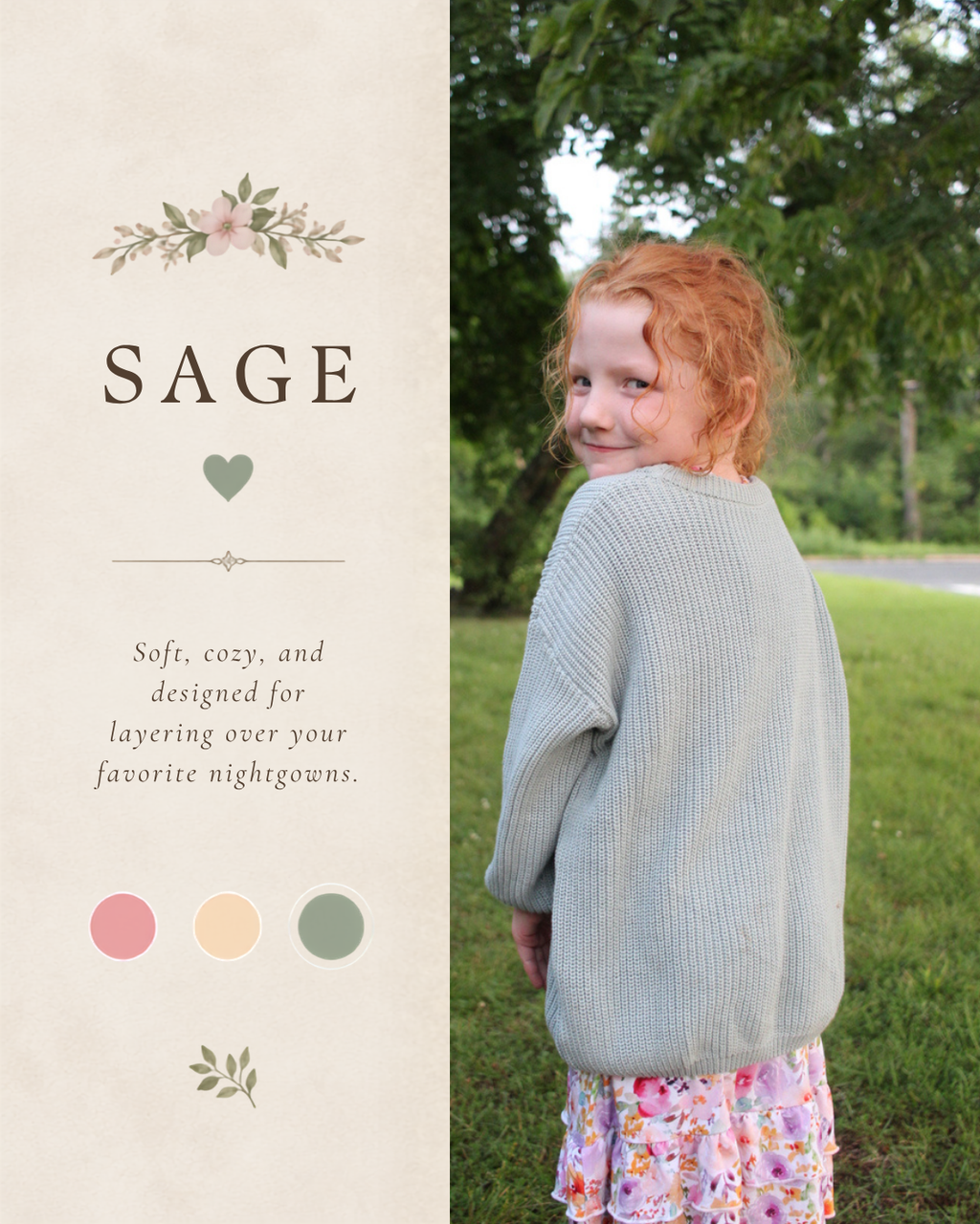 A child wearing a light sage green ribbed knit cardigan outdoors on a grassy lawn, with a cream-colored text panel on the left featuring the word 'SAGE' and color swatches.